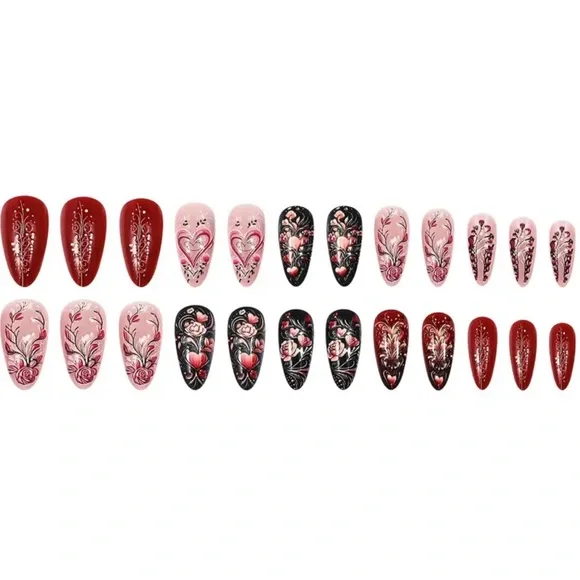 ♥️ 24 Pcs Hearts & Roses Press on Nail Set Almond Medium Length Fake Nails - Picture 6 of 10